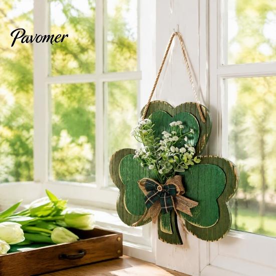 Irish Theme Porch Sign St. Patrick's Day Wooden Clover Door with Hemp Rope, Rustic Double Layer Shamrock Hanging Farmhouse Hanger Decor Artificial