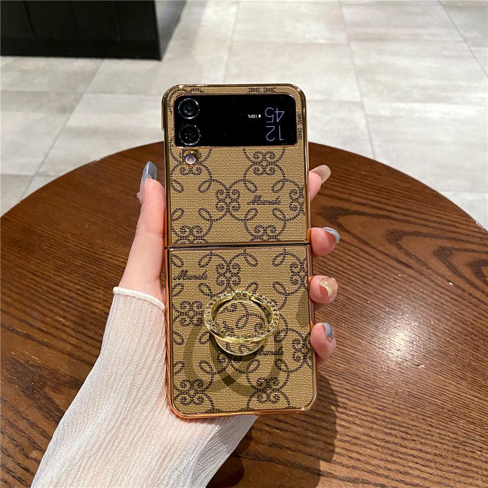 

Electroplating PU Leather Ring Stand Case For Samsung Galaxy Z Flip 6 Flip 5 Flip 4 3 Flower Protective Cover Funda For Galaxy Z Flip 6&Case With Ring коричневый