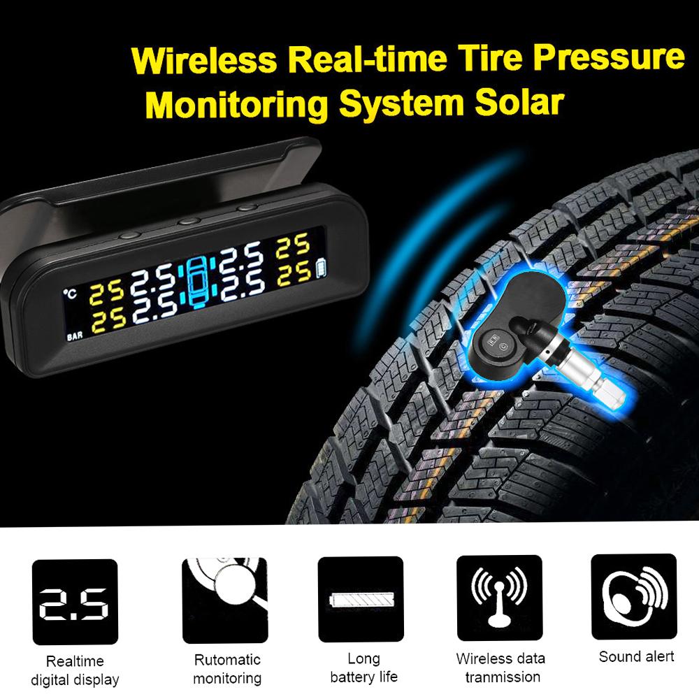Tpms Solar-Powered Tire Pressure Monitoring System With Wireless Real-Time Clear Lcd Display Car Alarm System