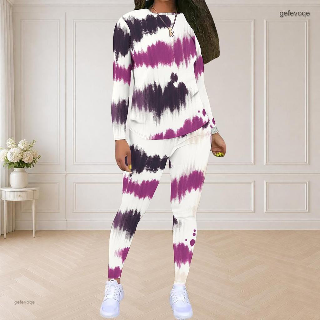 Women Plus Size Two Piece Set Round Neck Long Sleeve Printed Top And Fitted Pants