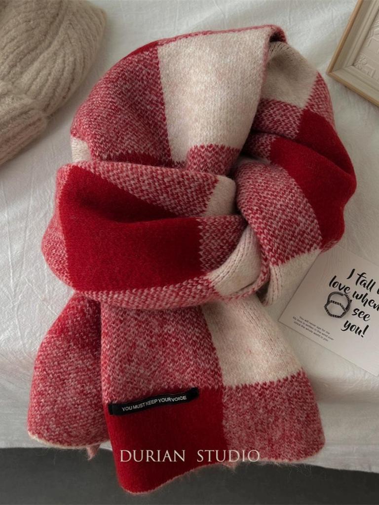 Women's Korean Style Wool Blend Camel Plaid Scarf - Versatile, Warm, High-End Gift