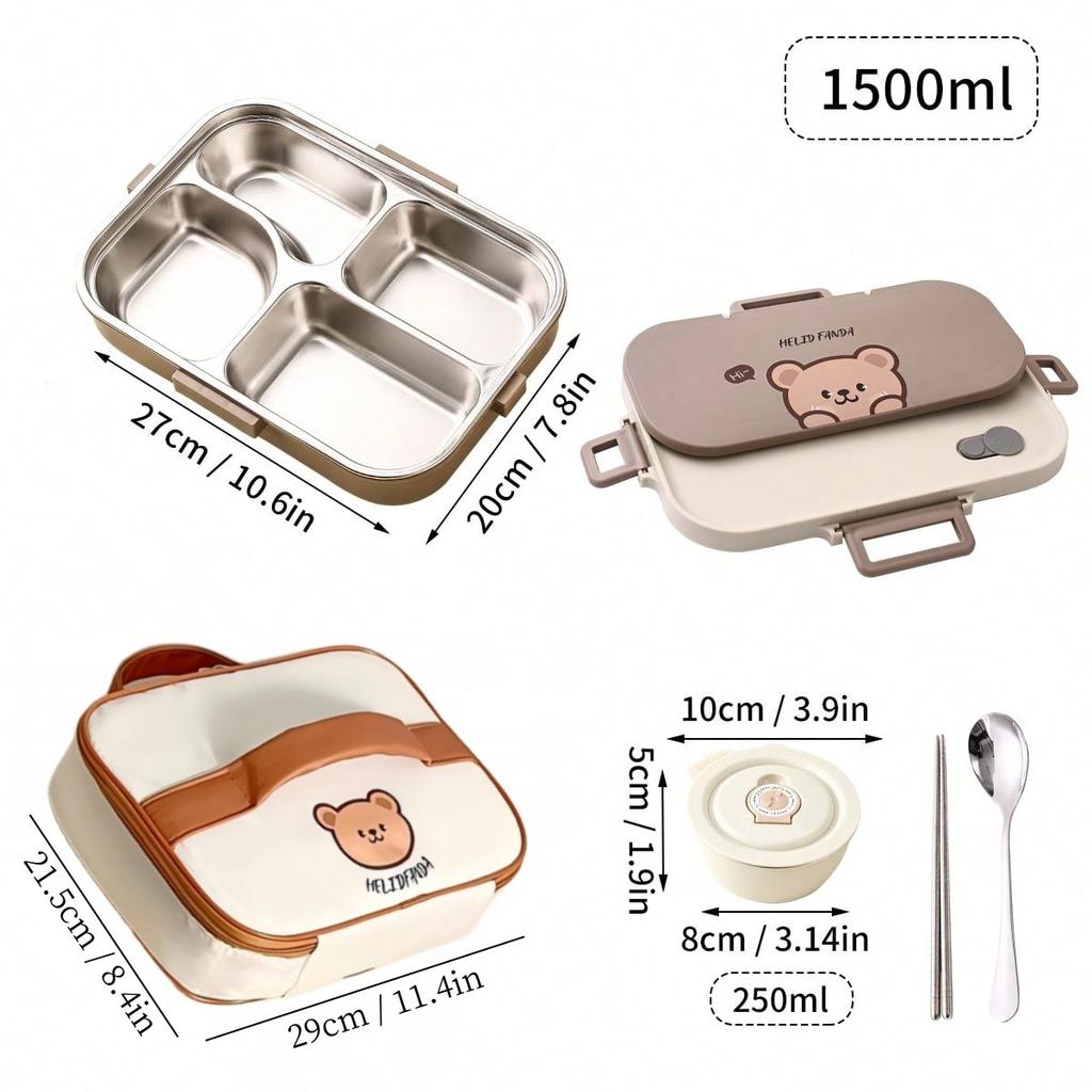 4/5 Grids Cartoon Lunch Container With Tableware 4/5 Compartment Portable 304 Stainless Steel Bento Lunch Box For Kids Students