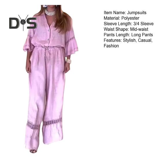 Damen Jumpsuit mit weitem Bein und Knopfleiste, V-Ausschnitt, 3/4-Rüschenärmel, Strampler, Sommer, lässiger Kordelzug, Overall, einteiliges Outfit