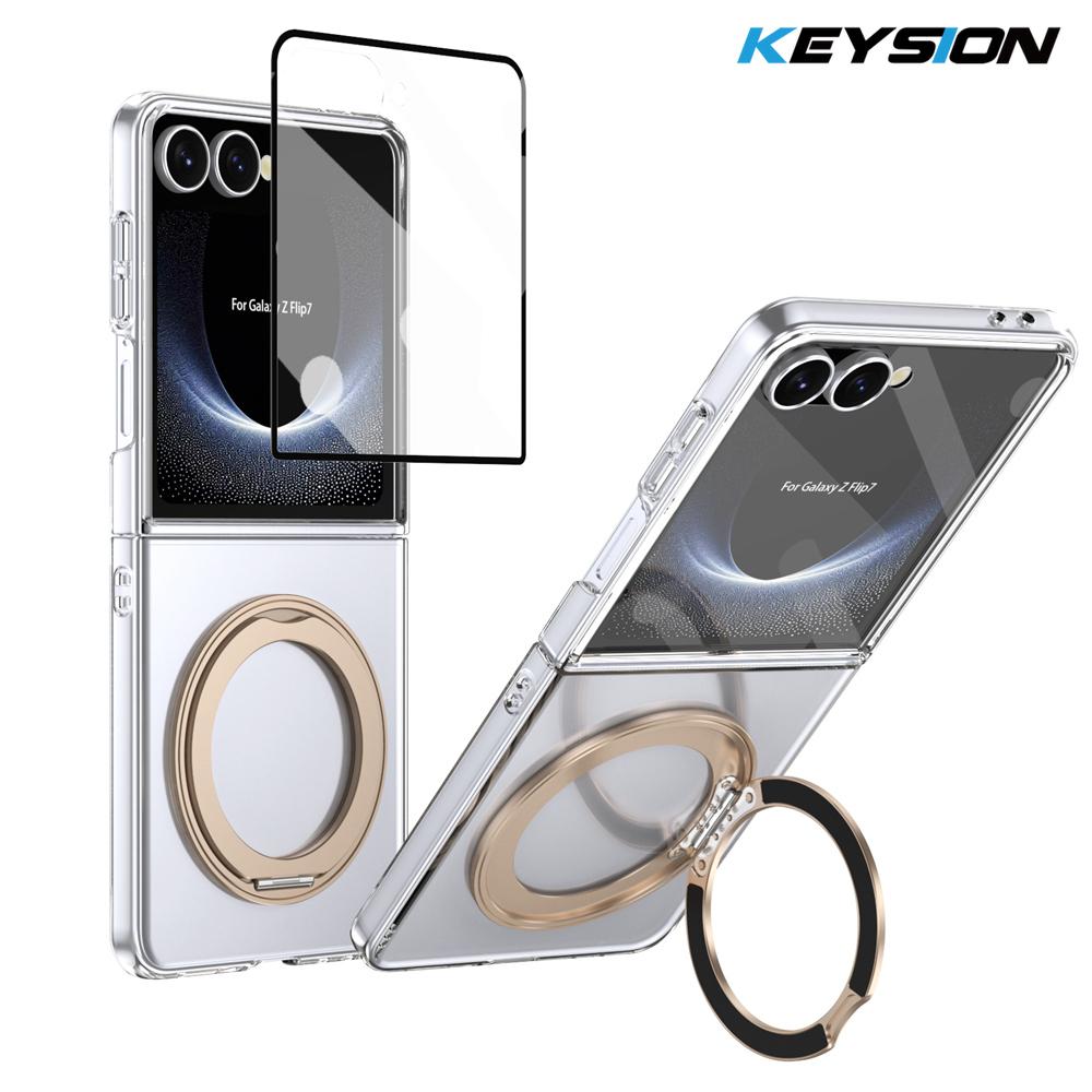 

KEYSION 360° Rotating Magnetic Ring Stand Case for Samsung Galaxy Z Flip 7 5G Transparent PC Phone Cover with Screen Protector for Galaxy Z Flip 7