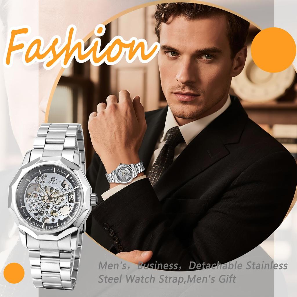 Men's Automatic Mechanical Skeleton Watch Luminous Analog Display Antique Waterproof Stainless Steel Band Casual Business Silver Gold black -