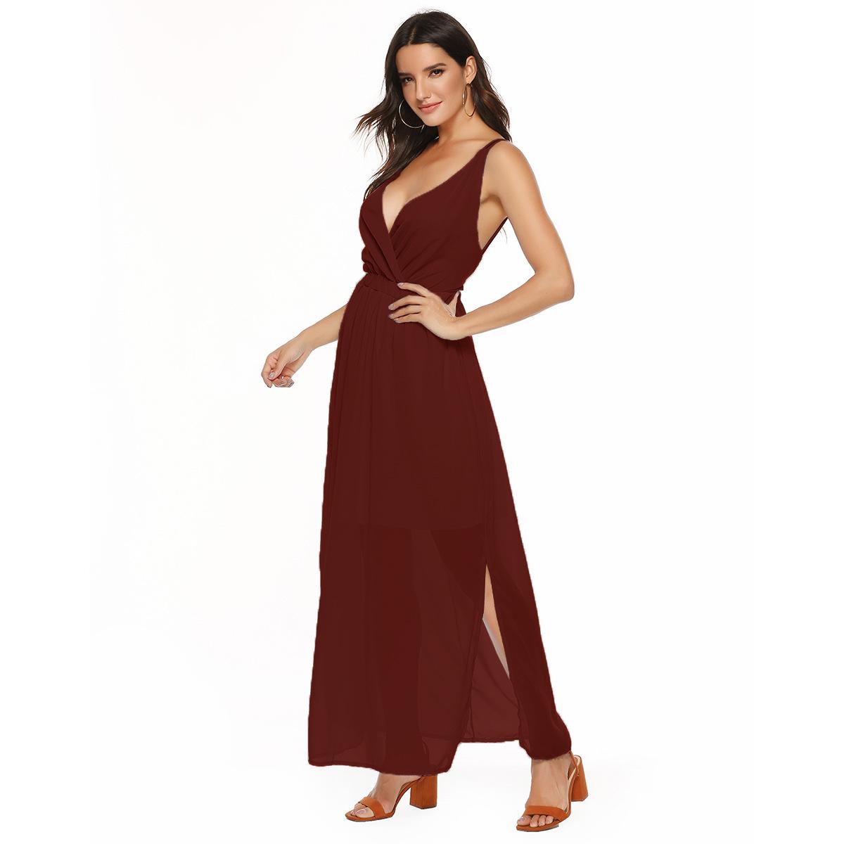 Popular European and American large-size women s chiffon dress, sexy suspender backless dress, women S бордовый