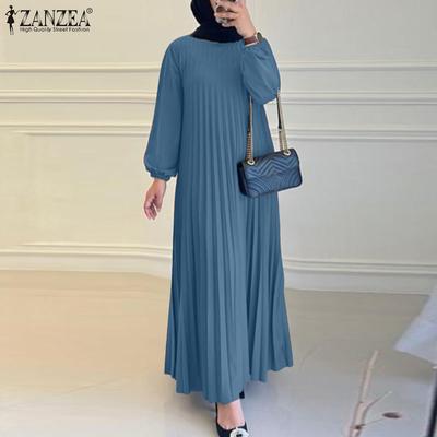 Women Casual Round Neck Loose Long Sleeve Kaftan Dress