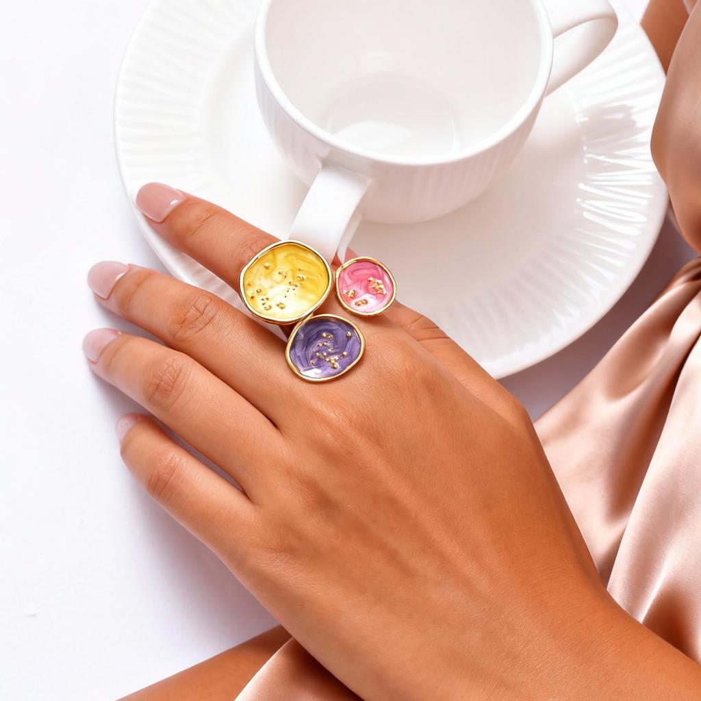 Vnox High End Painting Art Rings, Surface Stainless Steel Fill Enamel Design, Trendy Party Rings For Women