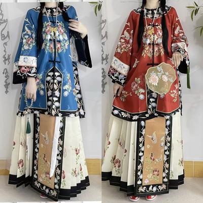 Costume Hanfu imprimé à col rond de style chinois de la dynastie Qing pour femmes