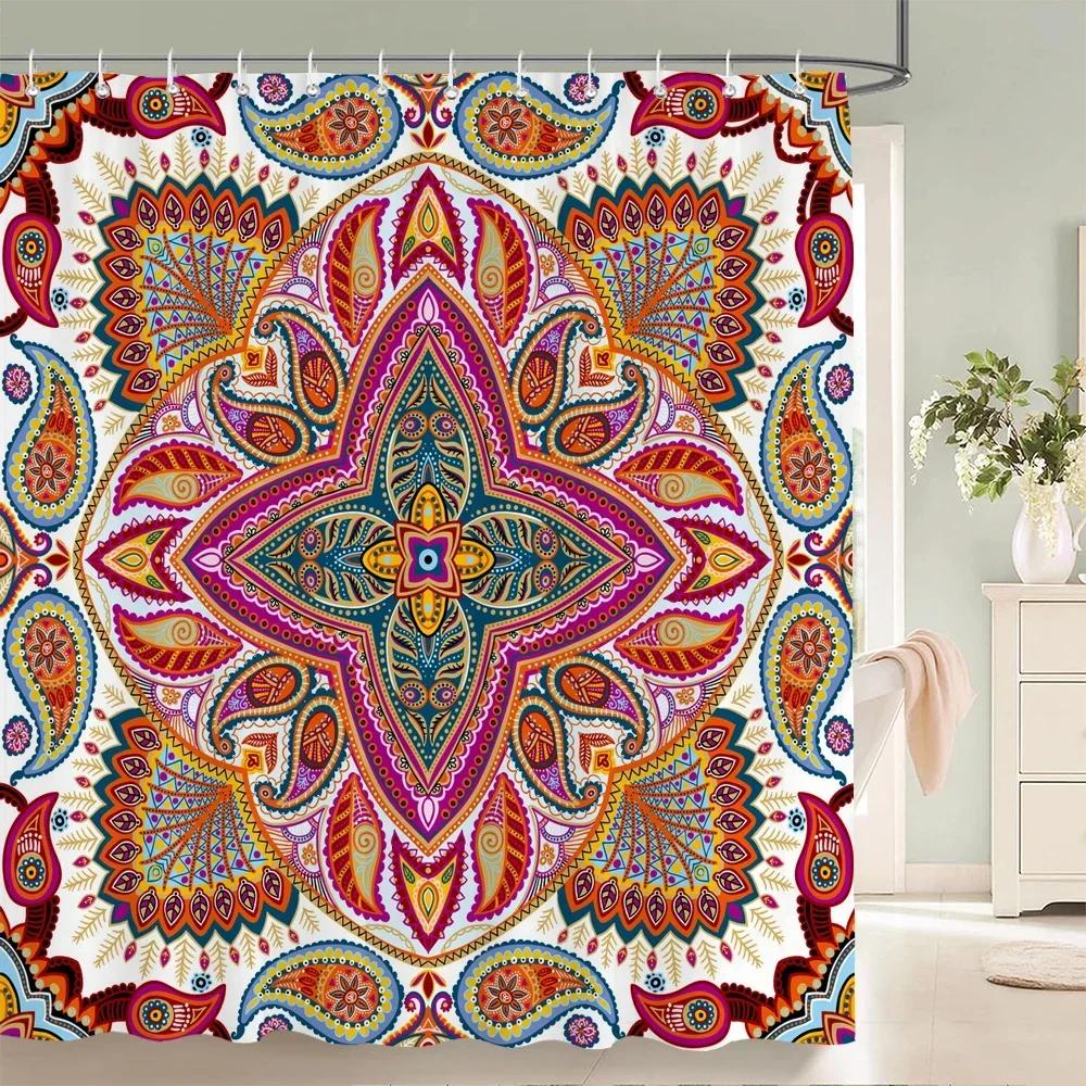 High Quality Indian Mandala Pattern Printed Fabric Shower Curtains Bohemian Bath Screen Waterproof Bathroom Decor with 12 Hooks