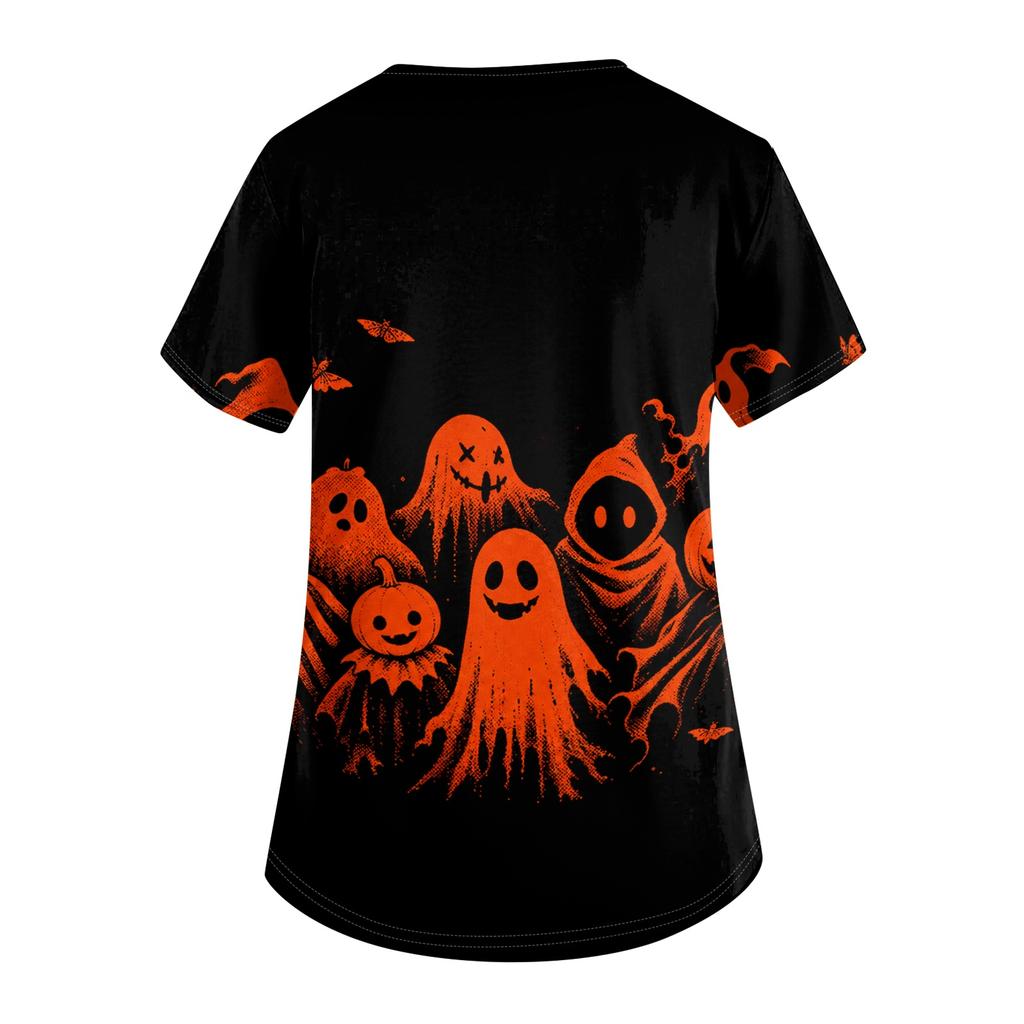 Women's short-sleeved Halloween print V-neck pocket protective work shirt