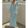 Stile Europeo e Americano Donna Estate Nuovo Texture Bucherellata Scollo a V Fibbia Rotonda Manica Lunga Vacanza Abito Lungo Spiaggia Protezione Solare Scollo a Laccio Gonna Lunga
