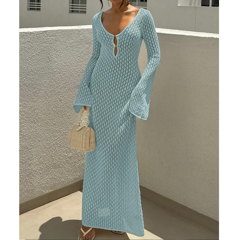 Stile Europeo e Americano Donna Estate Nuovo Texture Bucherellata Scollo a V Fibbia Rotonda Manica Lunga Vacanza Abito Lungo Spiaggia Protezione Solare Scollo a Laccio Gonna Lunga