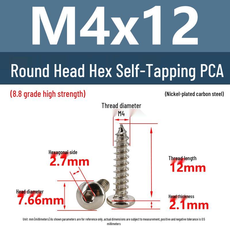 8.8 Grade Round Head Hex Socket Self-Tapping Screws M2-M4 Carbon Steel Bolts