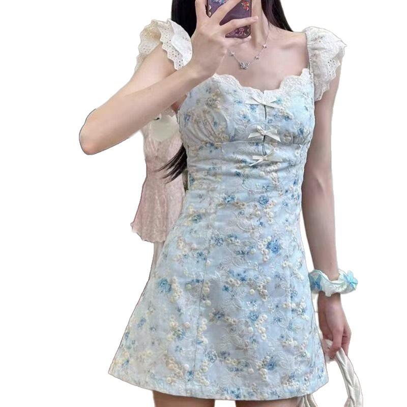 Summer sweet traces temperament thin girl dress pure desire new French square neck floral waist skirt