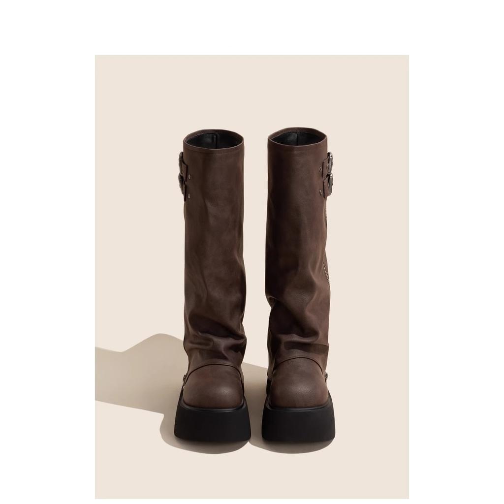 Boots Women's Thick Soles Increase 2025 New Retro Metal Buckle Long Boots Small Trousers Muffin Knight Boots