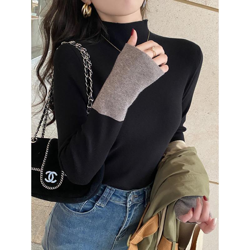 Elegant Semi Turtleneck Knitted Women's Bottom Sweater Fashion Autumn Winter Long Sleeve Casual Splice Tops Fashion Slim Fit Office Basic Clothing