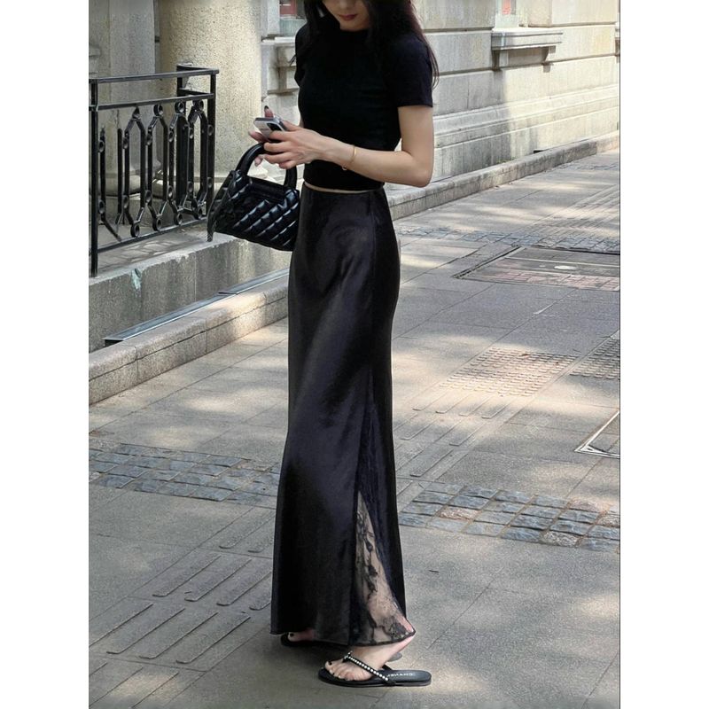 

French style High-Grade Lace Stitching Acetate Black Skirt Women s Summer High Waist Slimming Mid-Length Satin Hip Wrapping Skirt Skirt S(85-100)