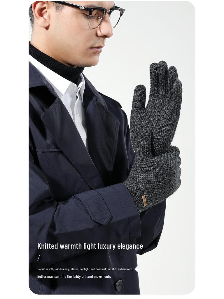 Men's Winter Touchscreen Windproof Knitted Gloves with Leather Wristband - DZ135