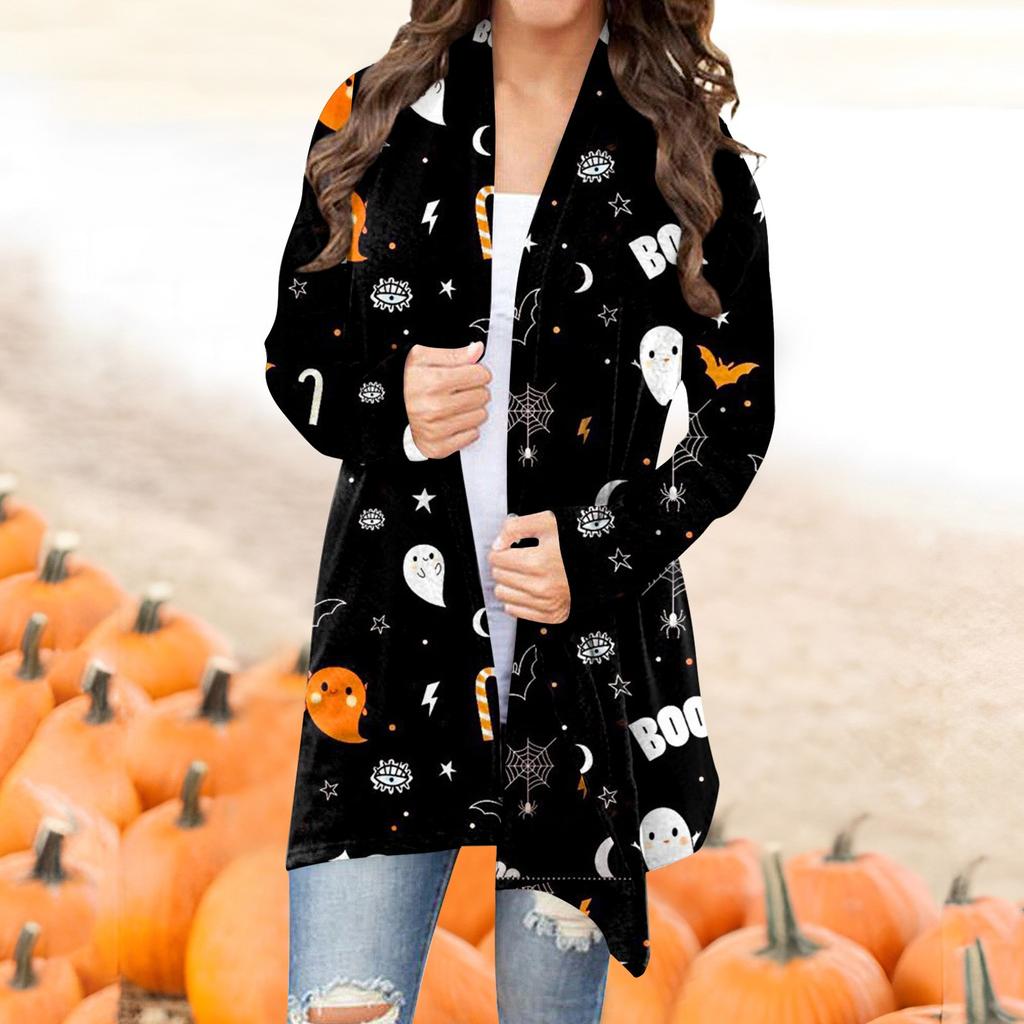 Cappotto da giacca cardigan di media lunghezza con stampa casual di Halloween alla moda da donna