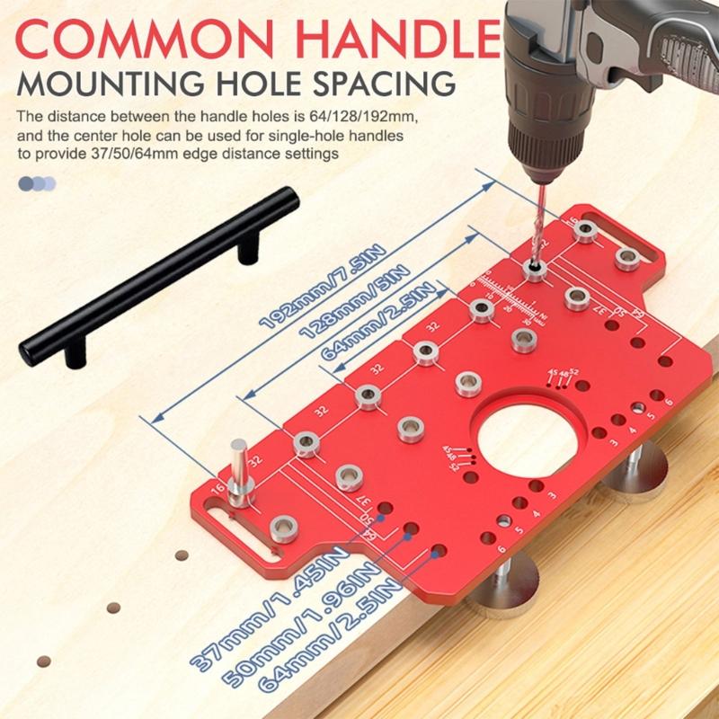 Cabinet Hole Drilling Guide with Aluminum Plate, Guide Bushings and Metal Parts for Shelf Pin Layout and Furniture Assembly Work Tasks