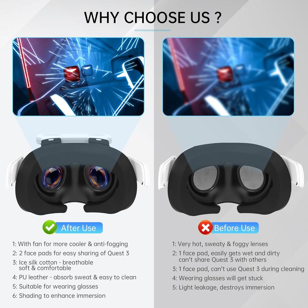 HiBloks Face Cover Pad with Cooling Fan for Meta Quest 3 Accessories, 2Pcs Face Cushion Cover Compatible with Oculus Quest 3 Fan Cooler, Replacement