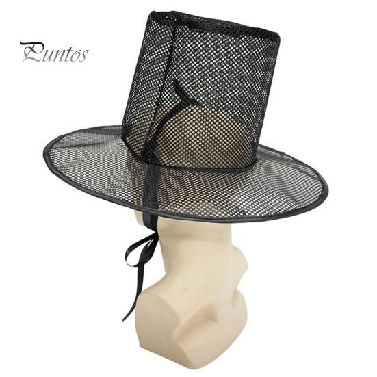 Breathable Costume Hat Vintage Korean Gat Hat, Black Mesh Wide Brim Joseon Dynasty Crisp Fabric Scholar with Neck Strap, Halloween Cosplay Accessory