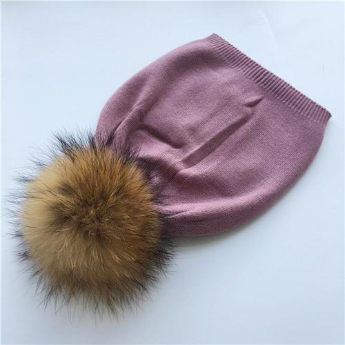 Real Raccoon Fur Pom Pom Knitted Hat Women Beanies Cashmere Winter Hat Female Girl Cotton Skullies Wool Beanie Hat
