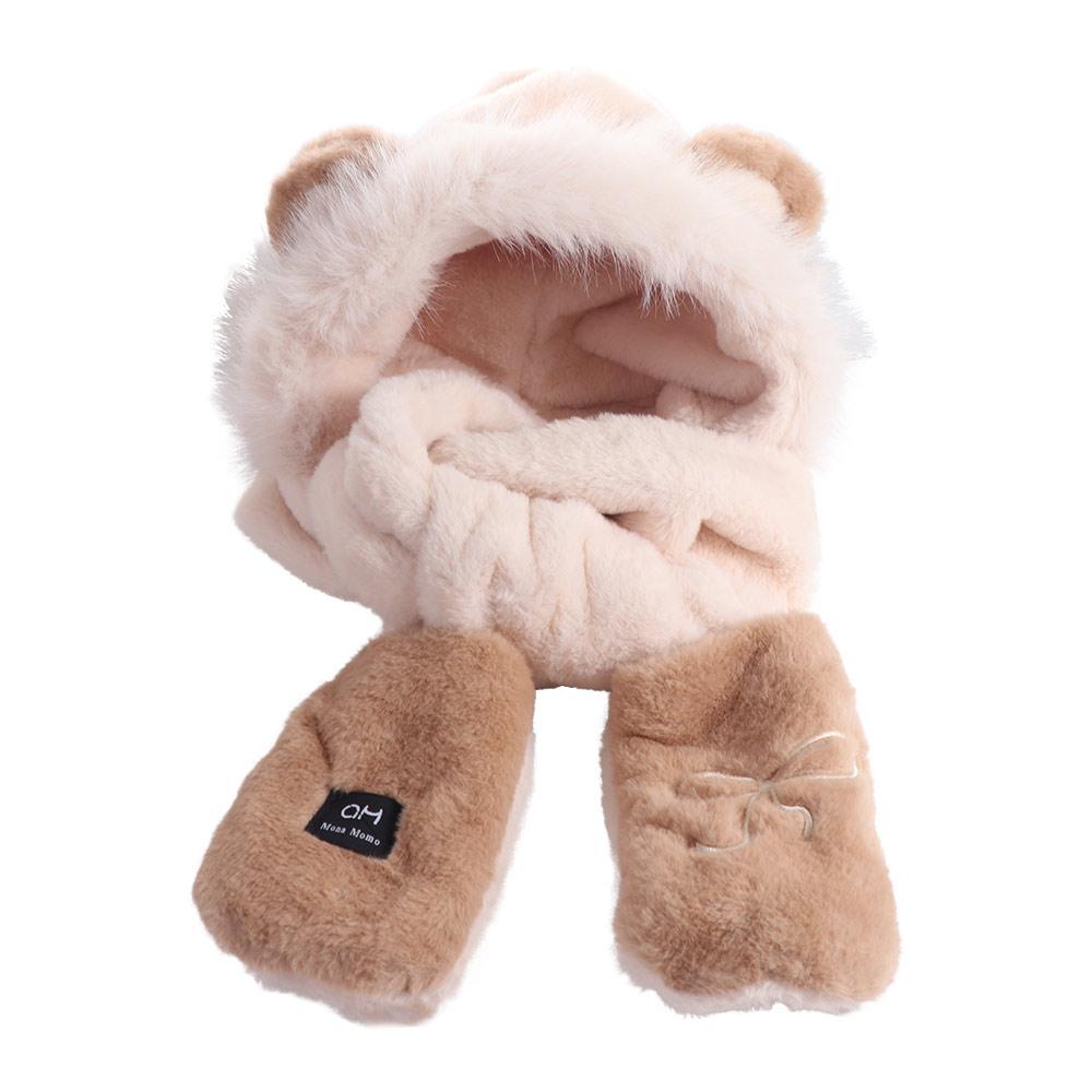 Cartoon Scarf Hat Glove for Women Embroidery Bow Furry Scarf Cap Set Bear Ears Plush Hat  Girl