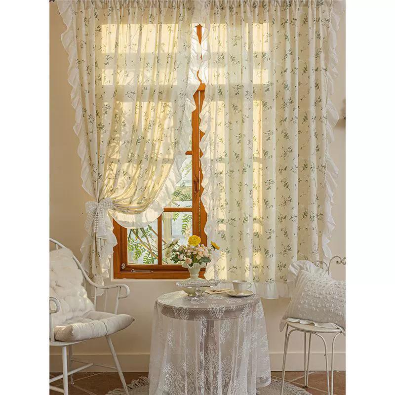 Curtains for Living Room Luxury Farmhouse Curtains Cotton Floral Ruffle Trim Privacy Drapes for Semi-blackout Vintage Chic Decor