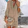 Boho Lace Mini Dress Women Fashion V Neck Three Quarter Sleeve Tassel Dress
