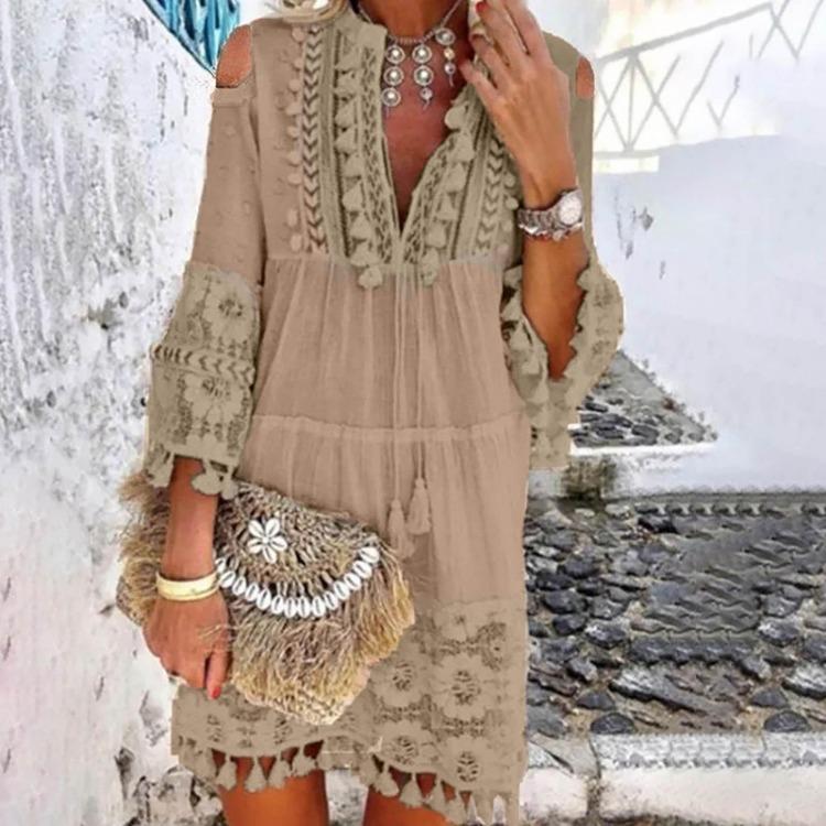 Boho Lace Mini Dress Women Fashion V Neck Three Quarter Sleeve Tassel Dress