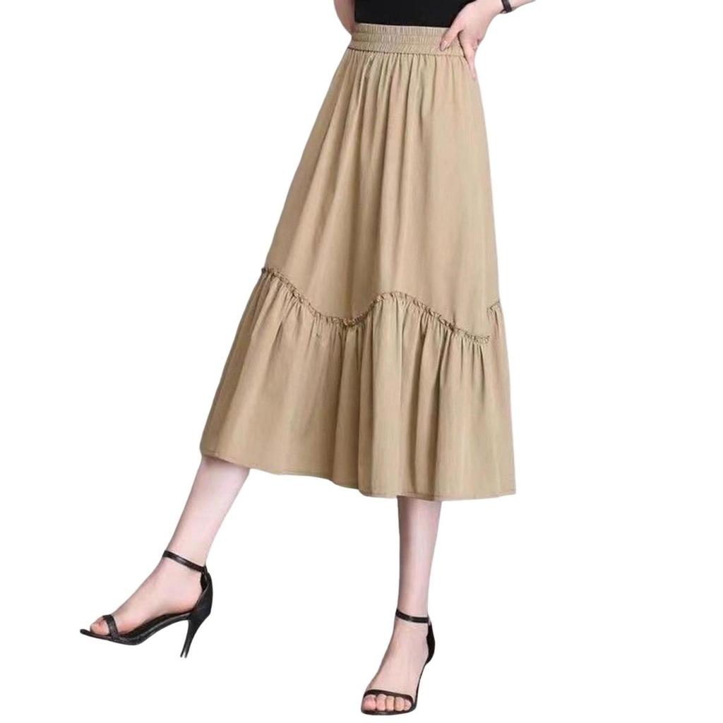 Yousheng Damen Midirock Elastischer Hoher Bund A-Linie Langer Rock mit Taschen Einfarbiger Dünner Stil Rock Schlankmachendes Design Rock