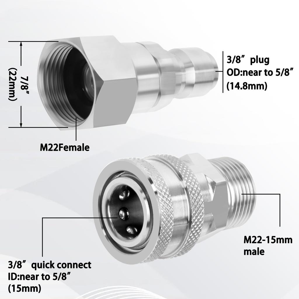 Pressure Washer Swivel Adapter: 5000 PSI 304 Stainless Steel 360-Degree Rotation Prevents Hose Kinking - M22 to 3/8" Quick Connect Fitting - Anti-Tan
