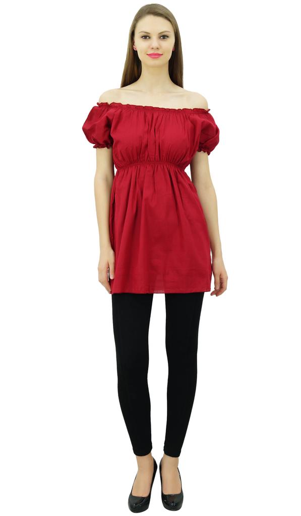 Bimba Women's Off shoulder Puff Sleeve Tops Elastic Waist Blouse Cotton