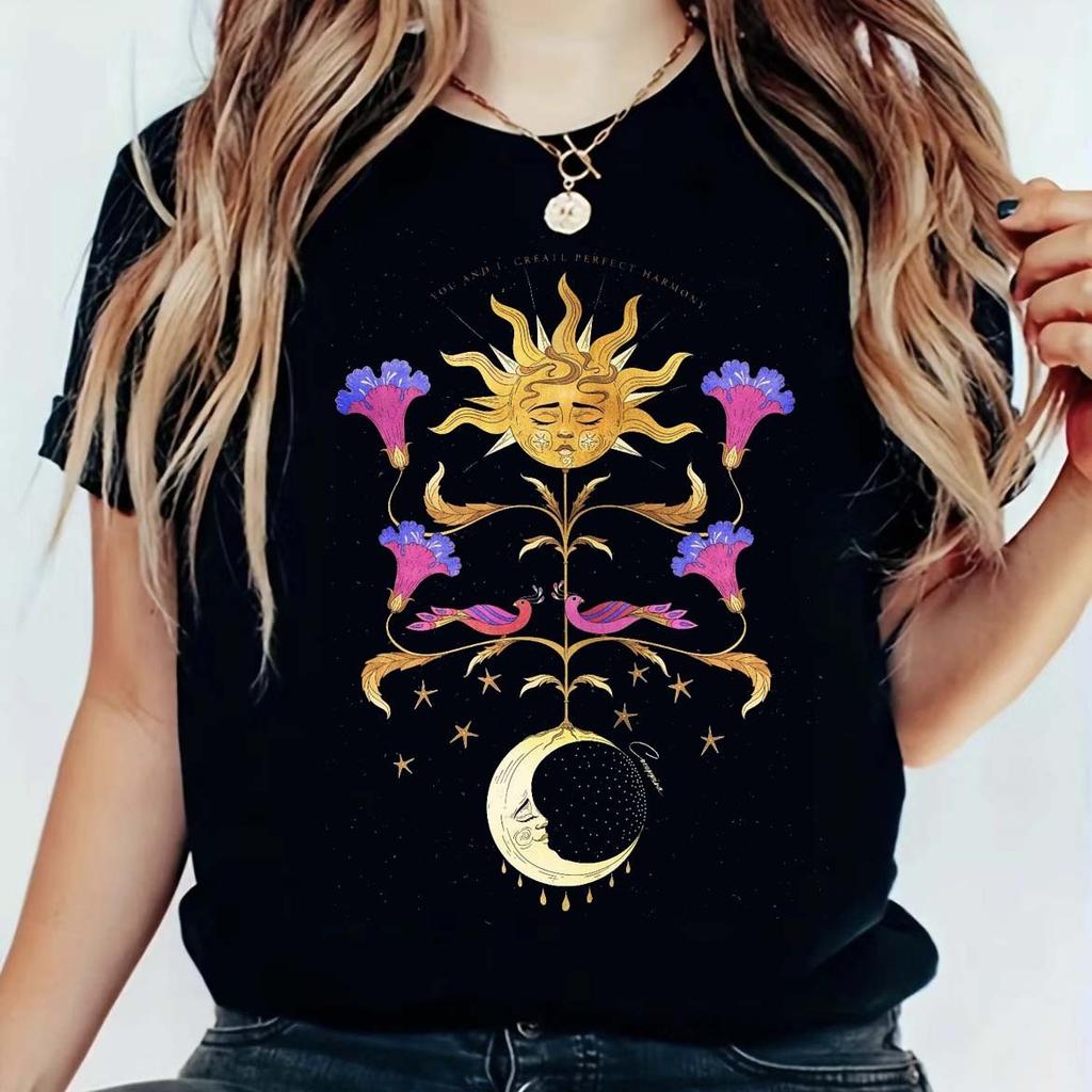 Mystical Nature Graphic T Shirt Unisex Bohemian Floral Crystal Mushroom Dragonfly Print Casual Short Sleeve Tees For Daily Wear