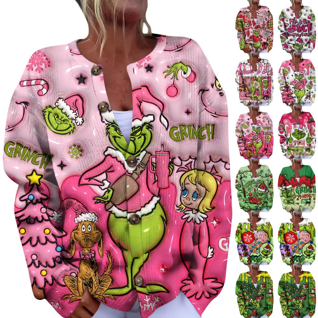 Women's Fashion Christmas Printed Long Sleeve Knitted Cardigan Button Down Jacket