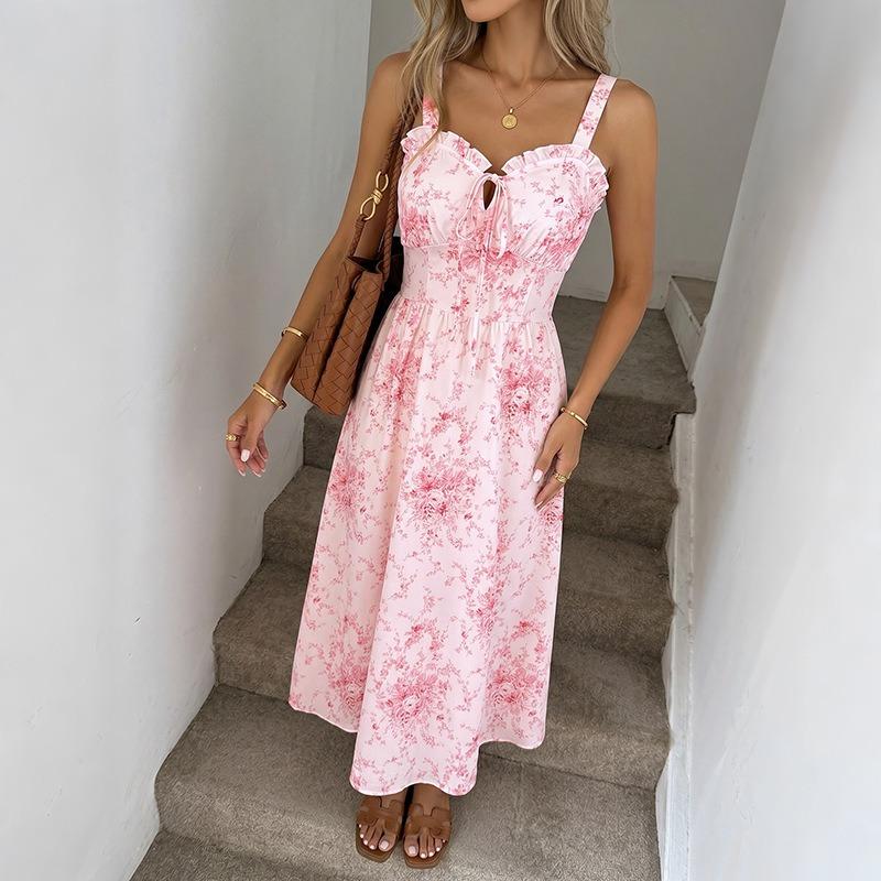 Women's Fashion Summer Spring Flower Pattern Print Sleeveless Suspenders High Waist Casual Dresses