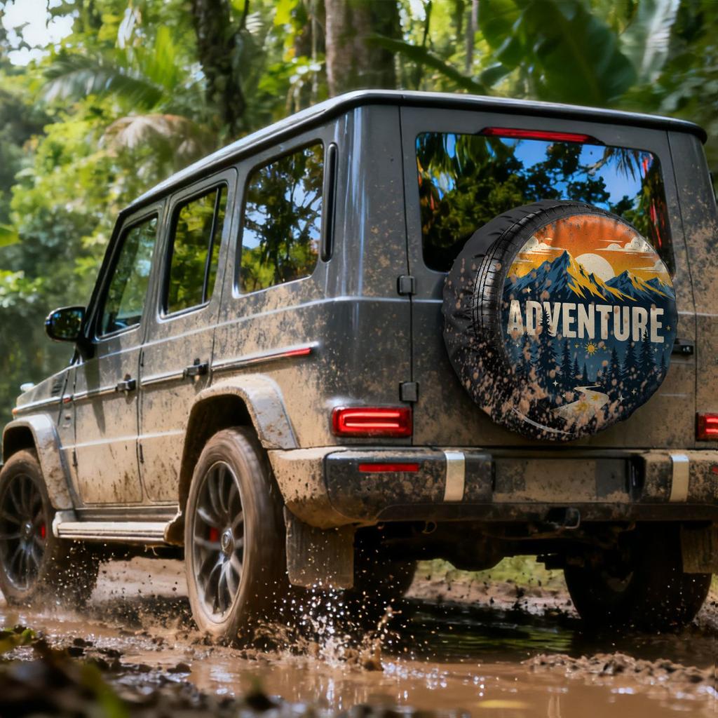 Vintage Adventure-Themed Tire Cover With Sunset Mountain & Forest Design - Durable Polyester All-Weather Fit For SUVs, Trucks, T