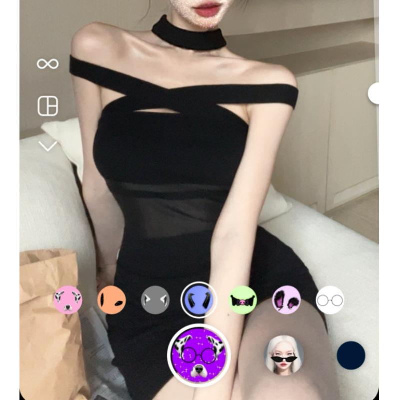 Design Sense Niche Black Spice Girl One-word Shoulder Korean Dress Women's Thin Sexy Hip Skirt