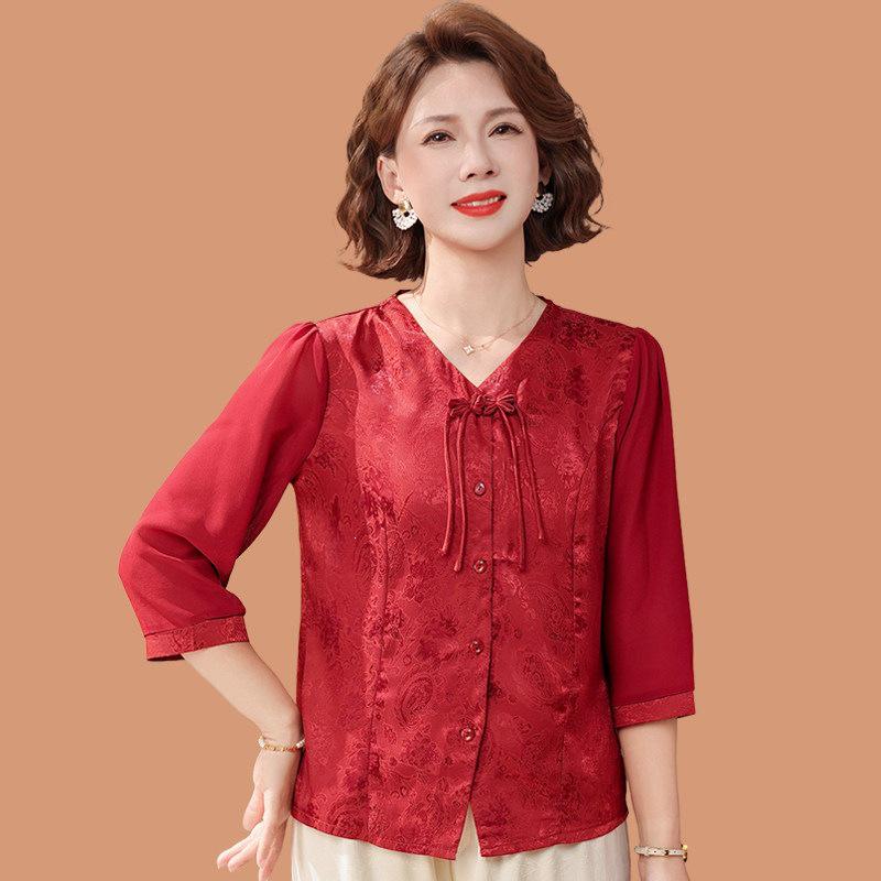 

Mom s Spring 2026 Chiffon Blouse - New Chinese Style Fashion for Middle-Aged and Elderly Women 5XL (145-160 lbs)