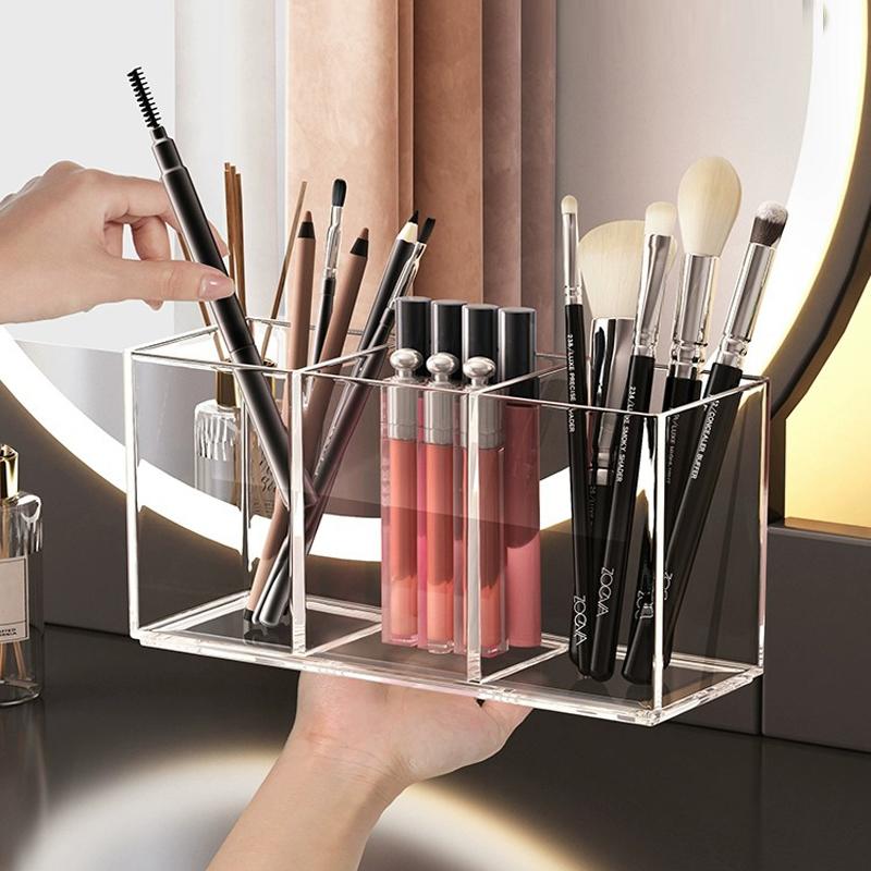 3-Slot Acrylic Makeup Brush Organizer - Transparent Cosmetic Storage Tray for Bathroom Drawer & Vanity Countertop