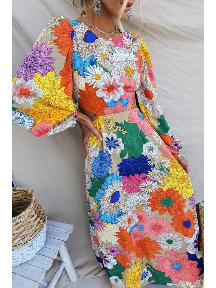 25th Anniversary European & American Autumn/Winter Fashion: Round Neck Lantern Sleeve Dress with Waist-Gathering Print