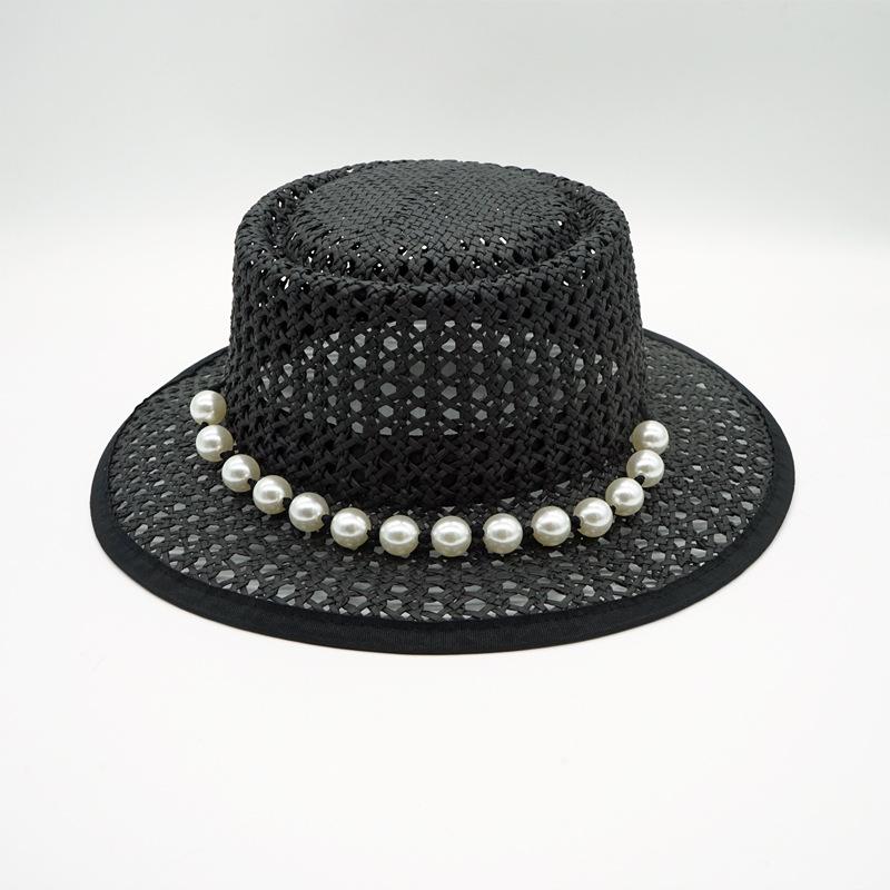 Foreign Trade Export Hand-Woven Black White Panama Flat Top Top Hat Women'S Summer Vacation Beach Straw Hat Travel