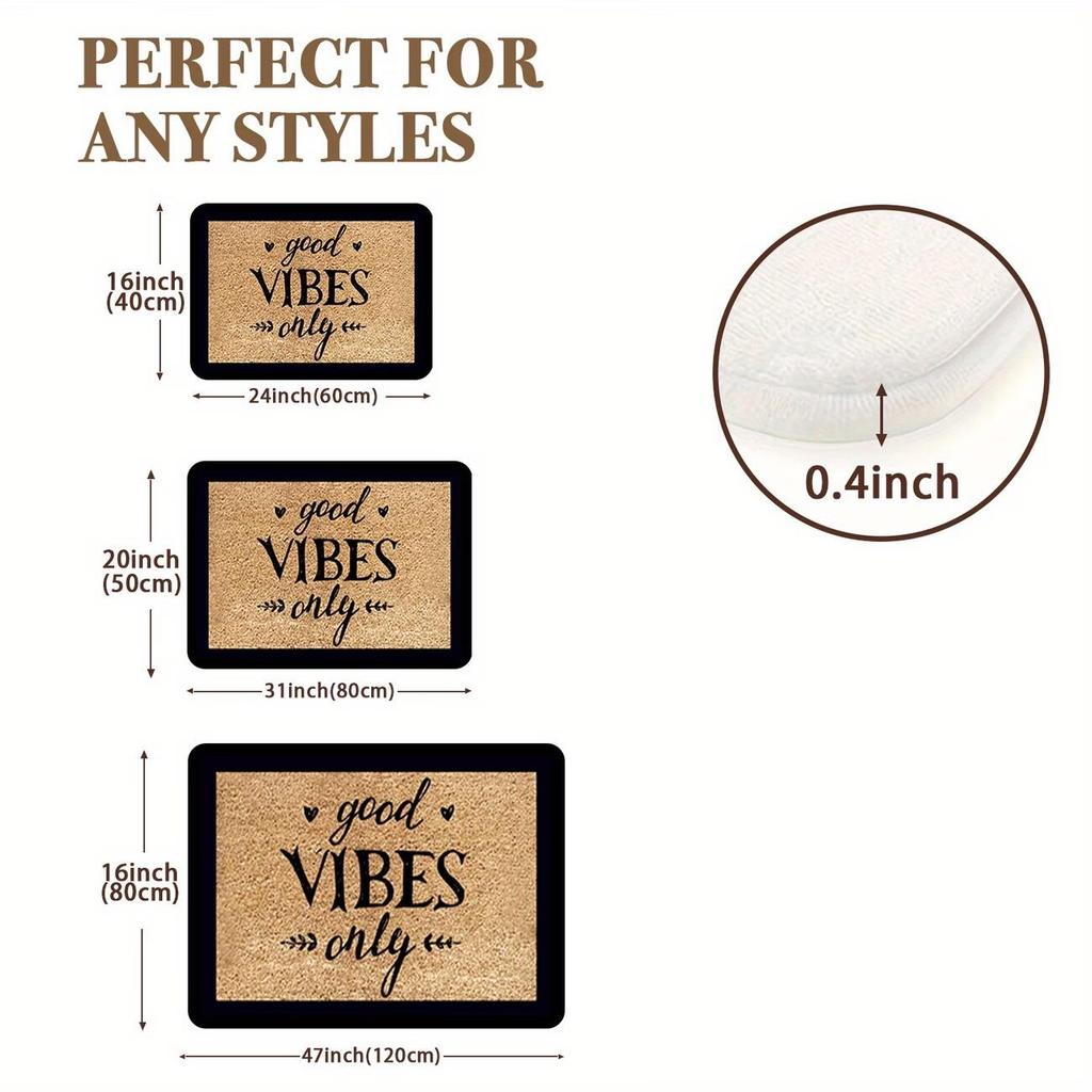 Minimalist Welcome Mat with "Only Good Vibes" Printed on It, Featuring a 1.19cm Sponge Thickness and a Weight of 600 Grams Per Square Meter. This
