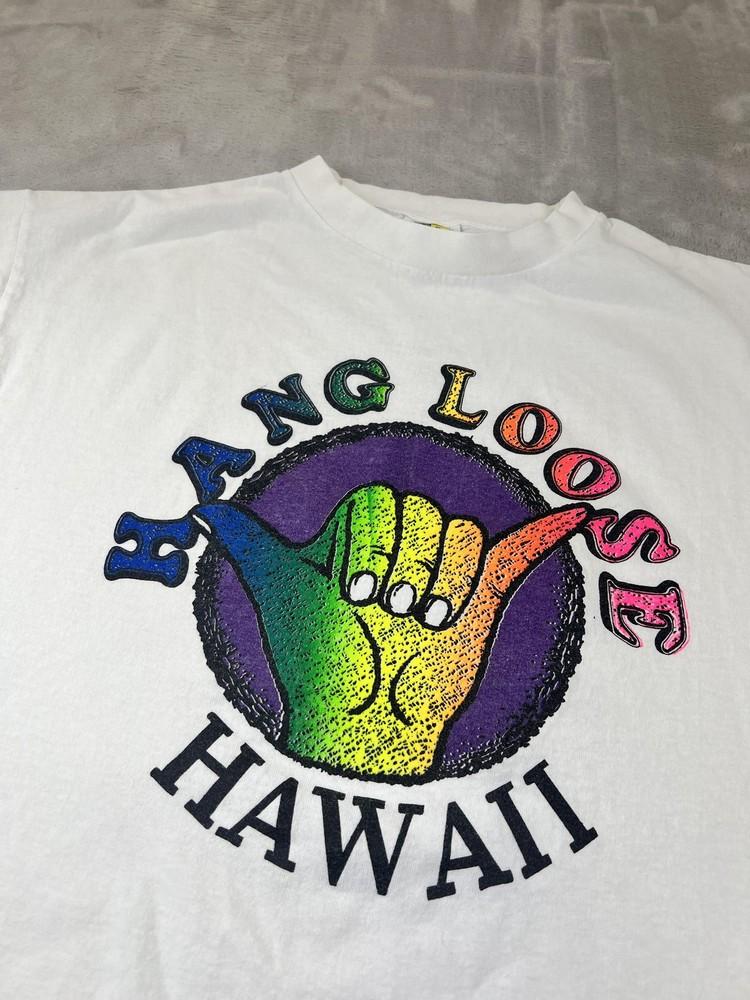 Hang Loose Hawaii Shirt Mens Large White Rainbow Shaka Graphic Surf Tee Cotton Unisex T-Shirt S