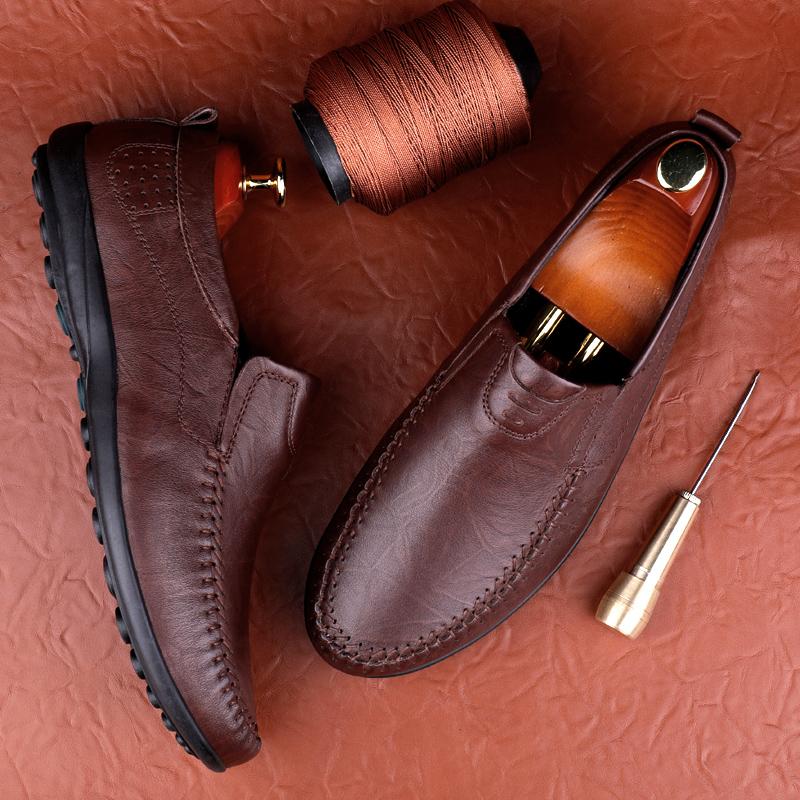 New Handmade Leather Loafers Mens Shoes Casual Slip On Driving Shoes Genuine Leather Breathable Business Shoes Flat Summer Shoes