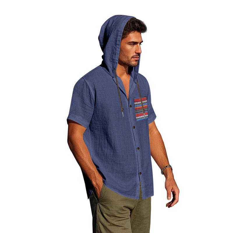 Summer Men's Lightweight Pocketed Breathable Linen Loose-Fit Hooded Cardigan Short-Sleeved Shirt