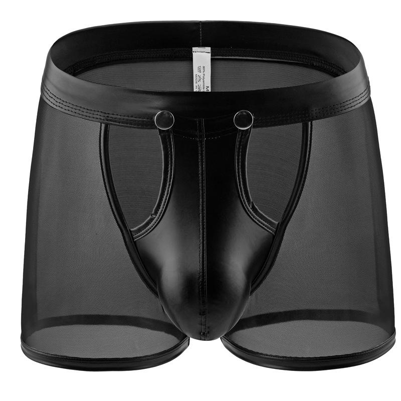 Low Waist Hollow Out Erotic Lingerie Sexy Mens Underwear Man Clothing Patent Leather Red Sheer Mesh Pouch Low Waist Briefs