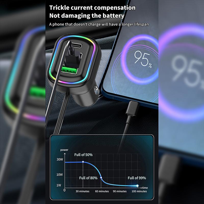 6-Ports Usb Type-C Front And Rear Extension Car Charger With Rgb Light Pd Fast Charging Power Adapter For Iphone Tablet Laptop